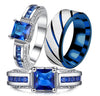 Brushed Matte Silver & Blue Tungsten Carbide Band and Blue Cubic Zirconia Wedding Ring Set