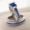 Brushed Matte Silver & Blue Tungsten Carbide Band and Blue Cubic Zirconia Wedding Ring Set