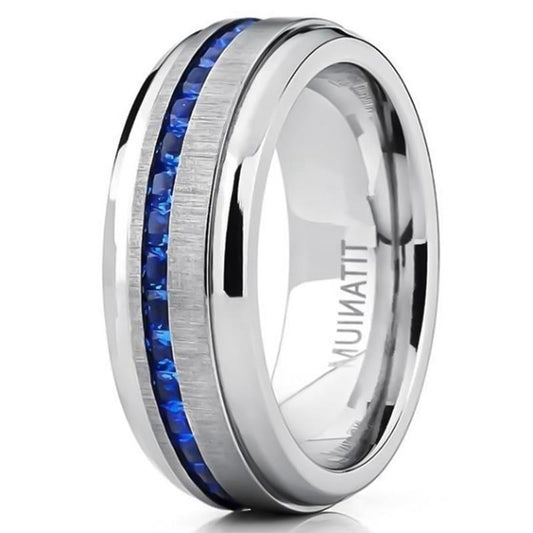 8mm Blue Cubic Zirconia Brushed Matte Titanium Wedding Band