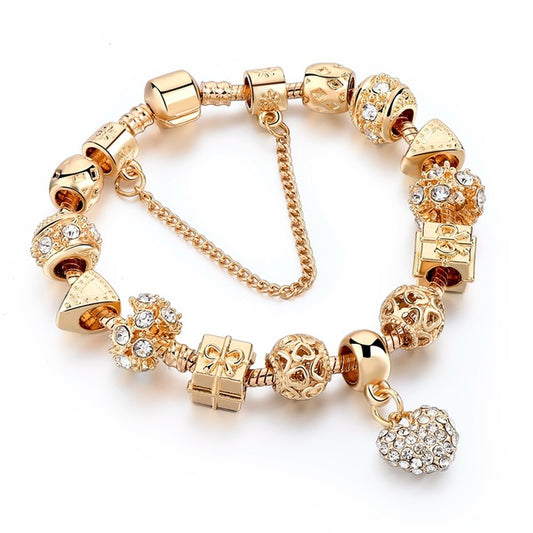 Crystal Heart Charm & Gold Beads Fashion Bracelet