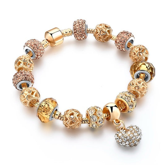 Crystal Heart Charm & Gold Beads Bracelet