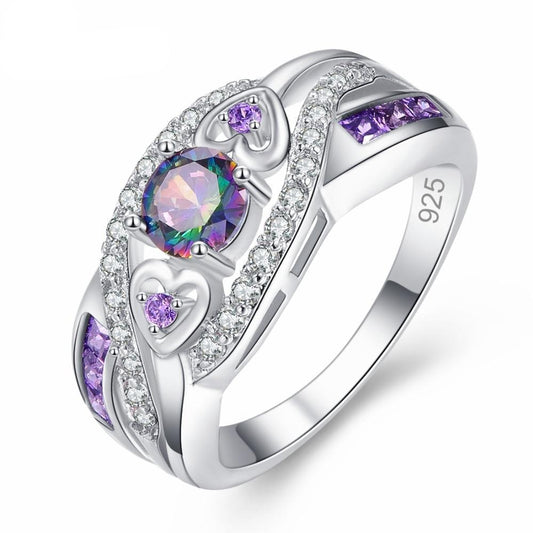 Round & Heart Design Multicolor, Purple & White Cubic Zirconia 925 Sterling Silver Engagement Ring