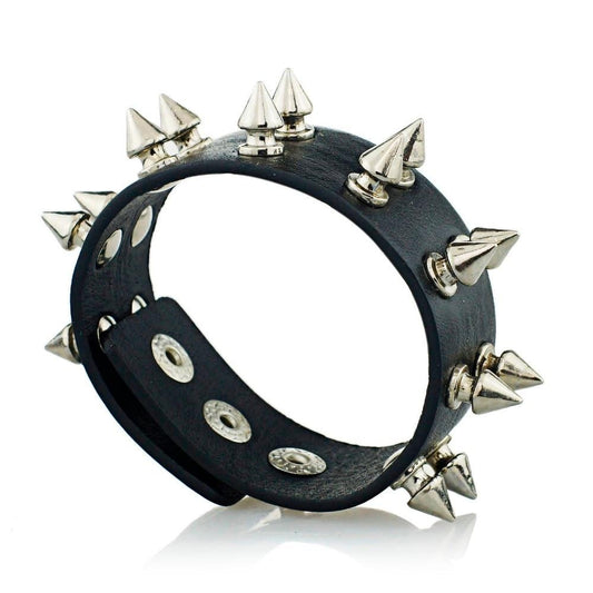 Gothic Two-Row Metal Cone Spikes Leather Bracelet