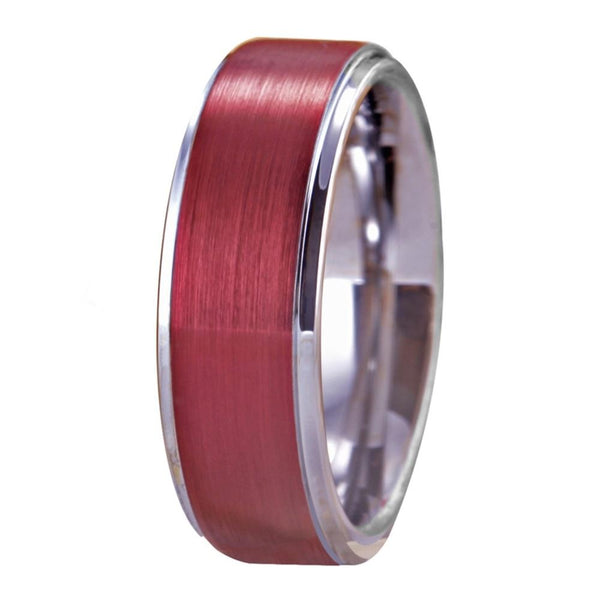 Red Brushed Matte & Silver Tungsten Carbide Wedding Band