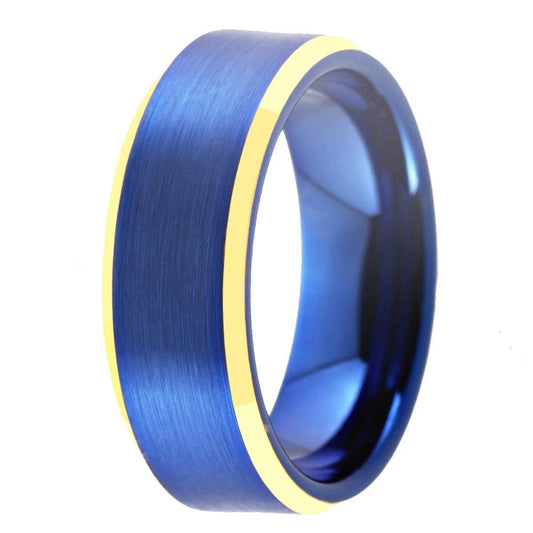8mm Blue Brushed Matte and Gold Tungsten Carbide Wedding Ring