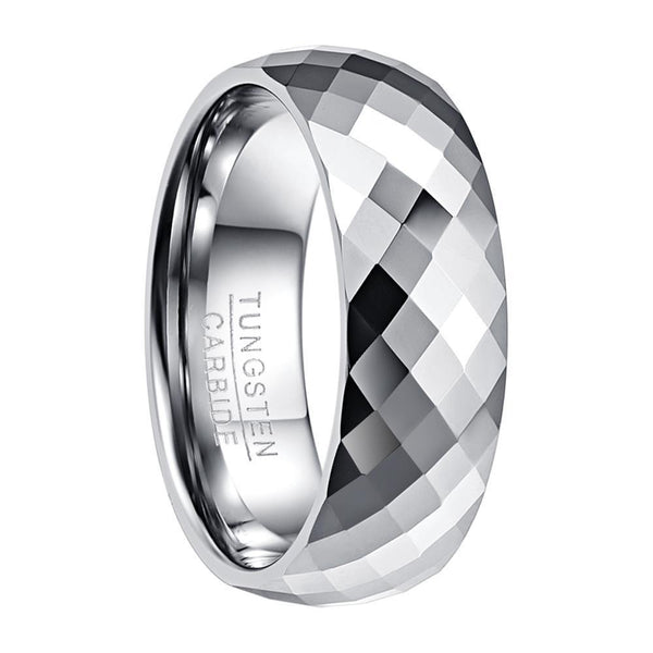 8mm High Polished Multifaceted Domed Tungsten Carbide Wedding Band