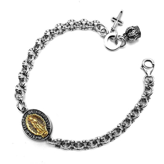 Virgin Mary Round Link Chain 925 Sterling Silver Vintage Bracelet