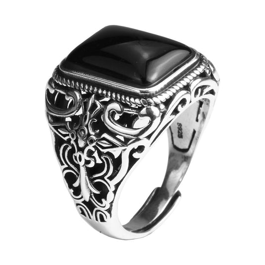 Natural Black Onyx & Hollow Cross 925 Sterling Silver Gothic Ring