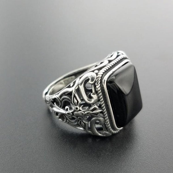 Natural Black Onyx & Hollow Cross 925 Sterling Silver Gothic Ring