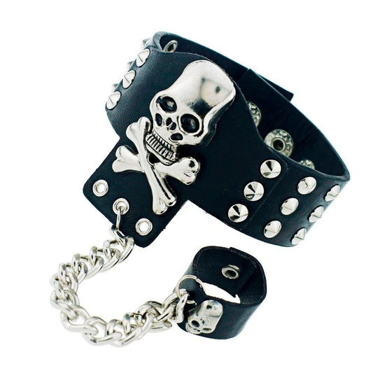 Gothic Skeleton Skull, Chain Link and Rivet Leather Bracelet