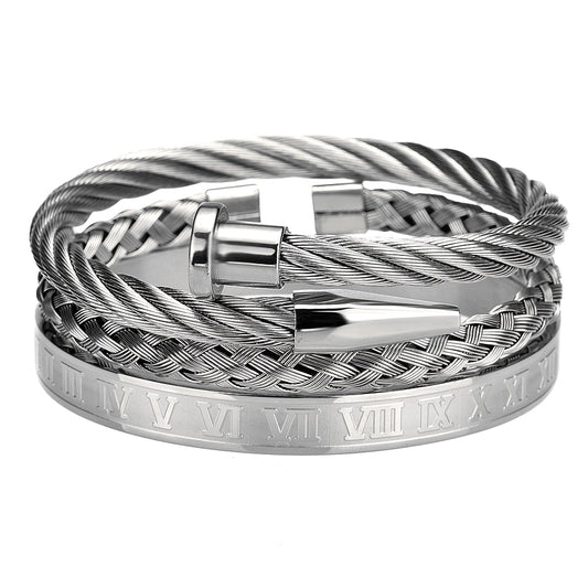 Set of 3 Roman Number, Braided & Twisted Stainless Steel Charm Bracelet