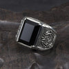 Natural Black Onyx & Retro Flower 925 Sterling Silver Vintage Ring