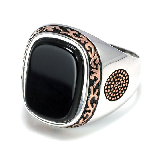 Natural Black Onyx Stone Rose Gold Plated 925 Sterling Silver Turkish Vintage Ring