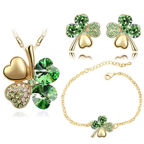 Crystal Heart Four-Leaf Clover Necklace, Bracelet & Earrings Jewelry Set