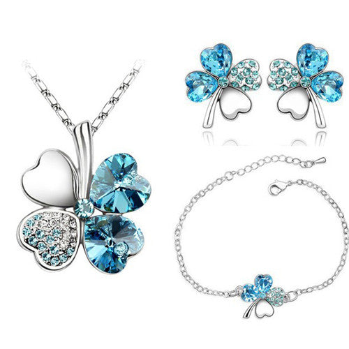 Crystal Heart Four-Leaf Clover Necklace, Bracelet & Earrings Jewelry Set