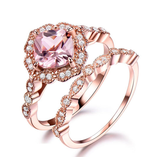 Rose Gold Morganite & Cubic Zirconia 925 Sterling Silver Wedding Band