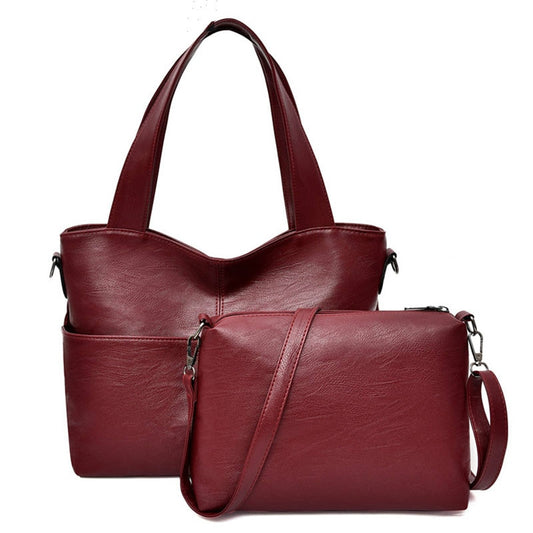 Two-Set High Capacity Casual PU Leather Designer Tote Handbag, Crossbody & Shoulder Bag
