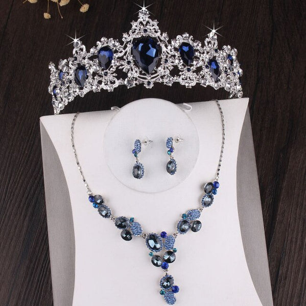 Baroque Silver-Plated Blue Crystal Tiara, Necklace & Earrings Jewelry Set