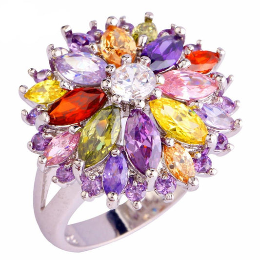 Cubic Zirconia Cluster 925 Sterling Silver Flower Fashion Ring