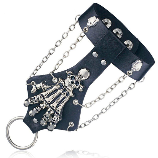 Gothic Skeleton Skull Hand Glove Chain Link Leather Bracelet