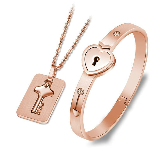 Concentric Lock & Key Titanium Steel Fashion Bracelet & Necklace Couple Set