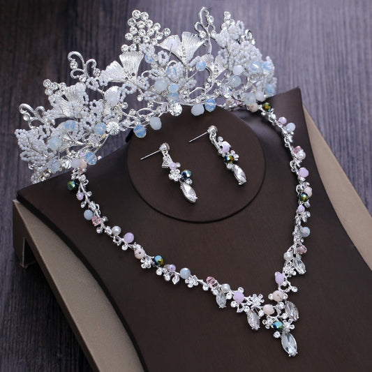 Silver-Plated Crystal, Flowers and Rhinestone Tiara, Necklace & Earrings Jewelry Set