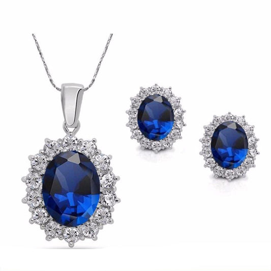 Vintage Blue Crystal & Cubic Zirconia Fashion Necklace & Earrings Jewelry Set