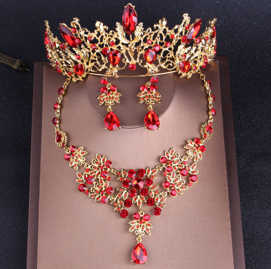 Baroque Vintage Gold Red Crystal and Rhinestone Tiara, Necklace & Earrings Jewelry Set