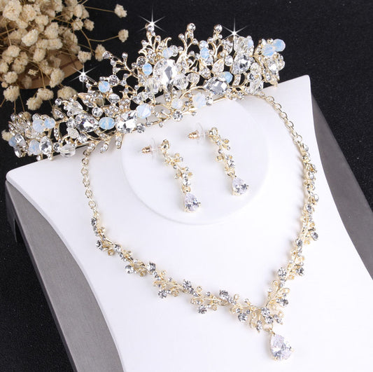 Baroque Crystal and Vintage Gold Tiara, Necklace & Earrings Fashion Wedding Jewelry Set