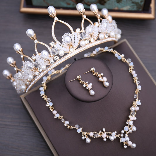 Baroque Vintage Gold, Crystal, Pearl and Rhinestone Tiara, Necklace & Earrings Jewelry Set