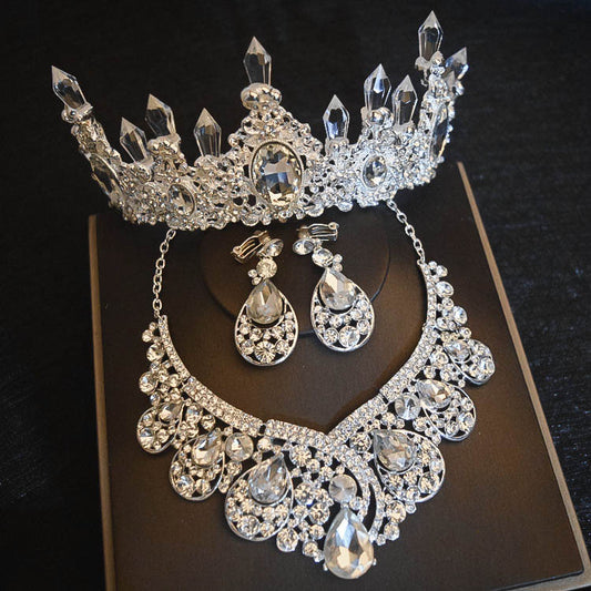 Big Rhinestone and Silver-Plated Crystal Tiara, Necklace & Earrings Jewelry Set