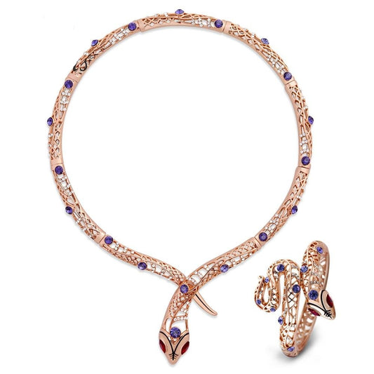 Rhinestone & Crystal Rose Gold Snake Choker Necklace & Bangle Jewelry Set