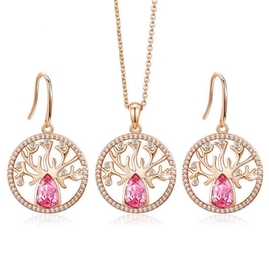 Rose Gold Tree of Life Pink Crystal Necklace & Earrings Jewelry Set