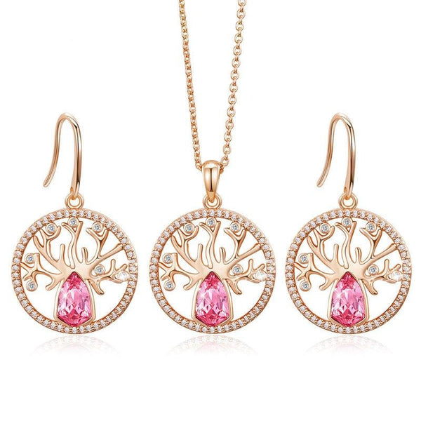 Rose Gold Tree of Life Pink Crystal Necklace & Earrings Jewelry Set