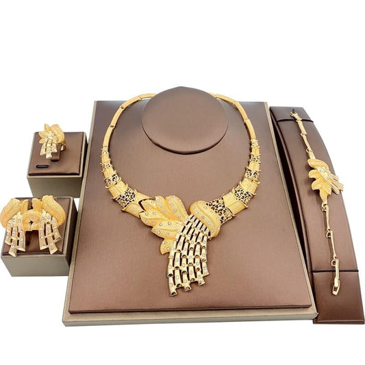 Nigerian Crystal Leaf-Shaped Golden Necklace, Bracelet, Earrings & Ring Jewelry Set