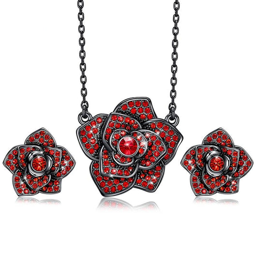 Black & Rose Gold Austrian Crystal Rose Flower Necklace & Earrings Jewelry Set