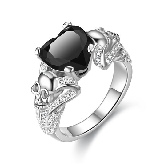 Punk Skull Crystal Heart Cubic Zirconia Wedding Ring