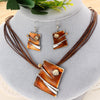 Multilayer Leather Chain Crystal Square Pendant Necklace & Earrings Jewelry Set