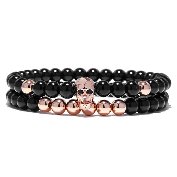 Black Skull Elastic Black Onyx Beads Bracelet Set