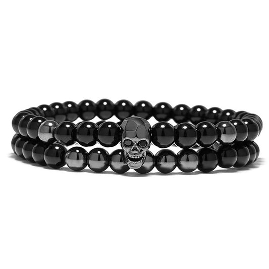 Black Skull Elastic Black Onyx Beads Bracelet Set