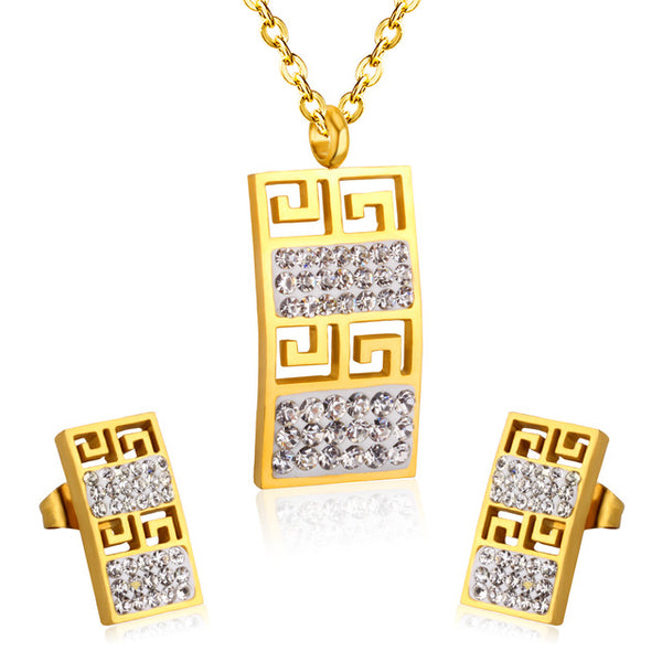 Gold or Silver Cubic Zirconia Geometric Shape Stainless Steel Necklace & Earrings Jewelry Set