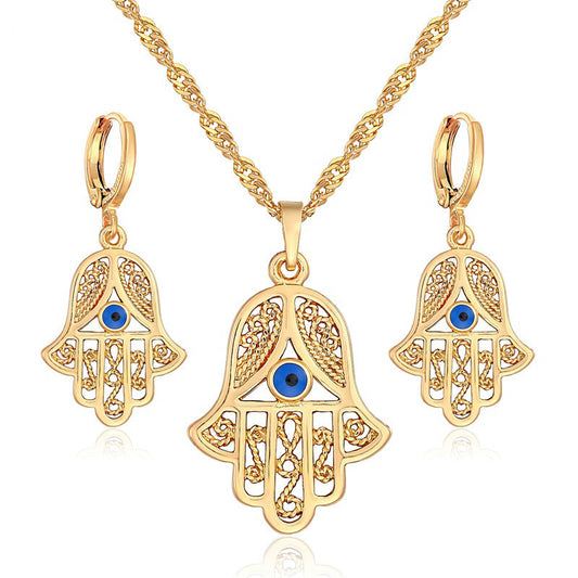 Gold Filigree Hamsa Hand and Evil Eye Necklace & Earrings Jewelry Set