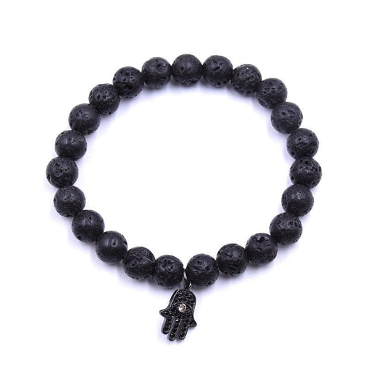 8mm Black Volcanic Natural Stone Beads & Alloy Hamsa Hand with Evil Eye Beaded Bracelet