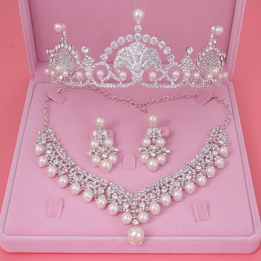 Silver-Plated Ivory Pearl, Rhinestone and Crystal Tiara, Necklace & Earrings Wedding Jewelry Set