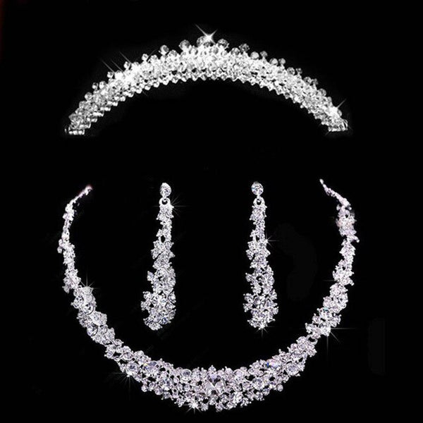Silver-Plated Crystal and Rhinestone Tiara, Necklace & Earrings Jewelry Set
