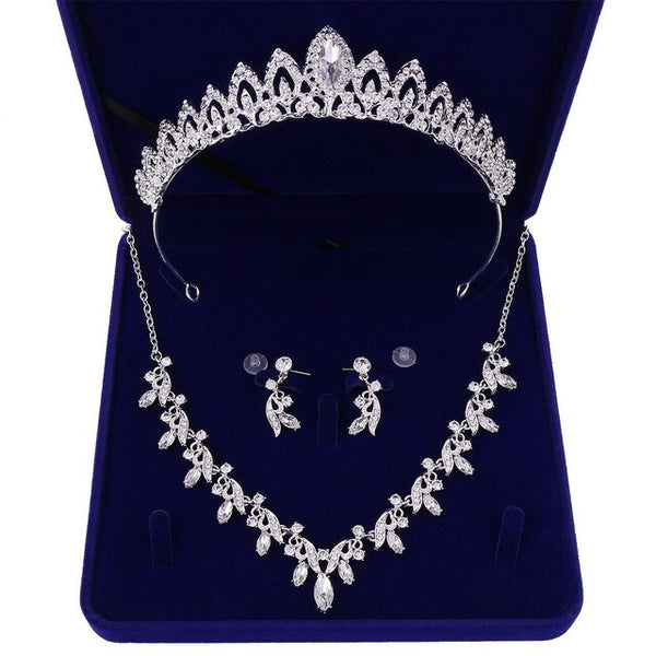 Silver-Plated Crystal and Rhinestone Tiara, Necklace and Earrings Jewelry Set