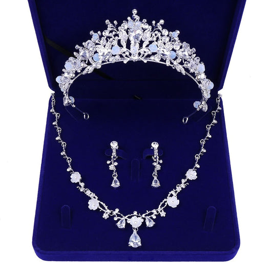 Silver-Plated Rhinestone, Beads and Crystal Tiara, Necklace & Earrings Jewelry Set