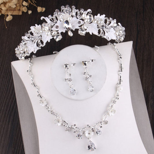 Silver, Crystal, Leaf, Pearl and Rhinestone Tiara, Necklace & Earrings Jewelry Set