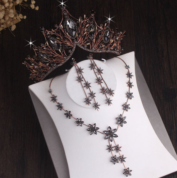 Baroque Vintage Black Crystal and Rhinestone Tiara, Necklace & Earrings Jewelry Set