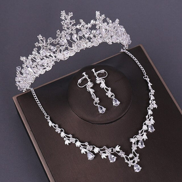 Crystal, Beads and Rhinestone Tiara, Necklace & Earrings Wedding Jewelry Set